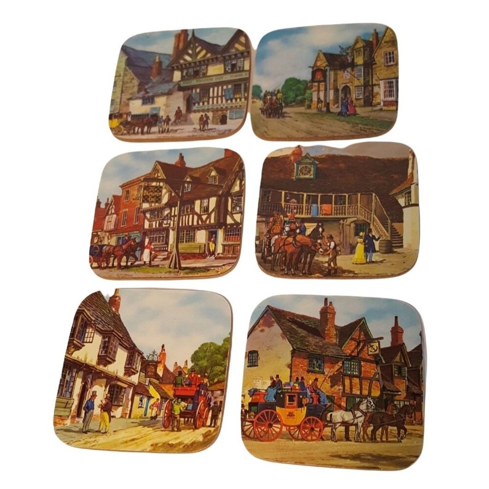Pimpernel Coasters Vintage‎ English Inns Set of 6 Acrylic Cork England